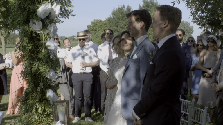Riverside Golf Zagreb vjenčanje, bride and groom during outdoor summer wedding ceremony, Croatia wedding videographer film.